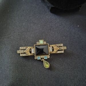 Sweet Romance Black and Gold Brooch with Gem Accents